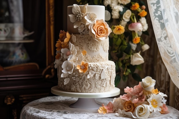 Bolo de casamento intrincado decorado com flores de açúcar e detalhes de renda criados com IA generativa