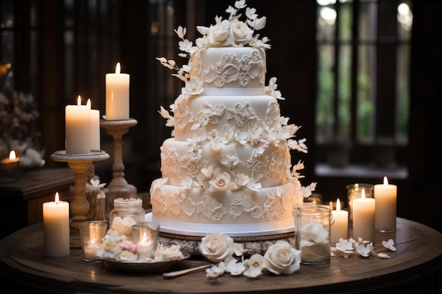 Bolo de casamento luxuosamente decorado com detalhes florais e frutados generativo IA