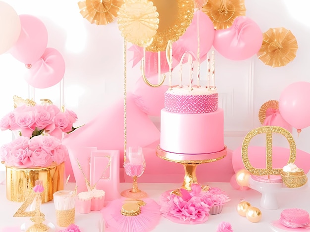 bolo de casamento rosa e dourado com decorações douradas e cor-de-rosa e um lustre dourado