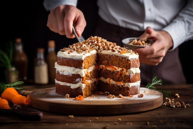 bolo de cenoura sendo cortado com um servidor de bolo dourado