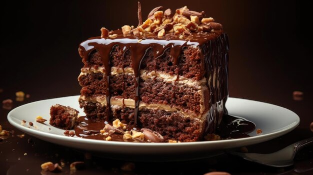 Bolo de chocolate closeup com chocolate doce derretido e pedaços de frutas em um prato