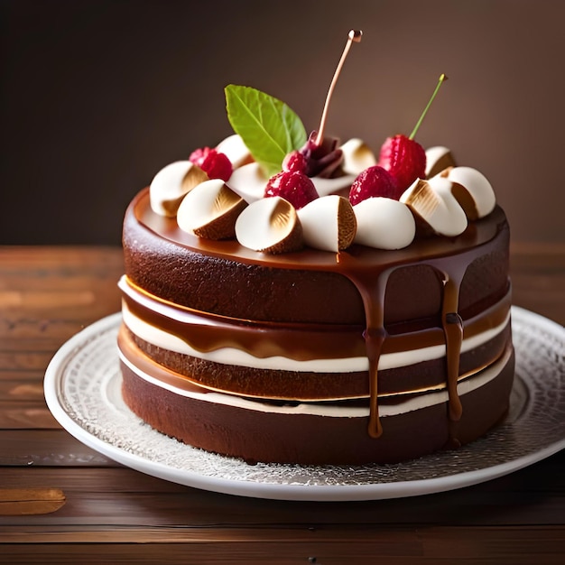 Bolo de chocolate com bolo branco, decorado com frutas