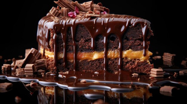 bolo de chocolate com chocolate doce derretido e pedaços de fruta num prato com fundo desfocado