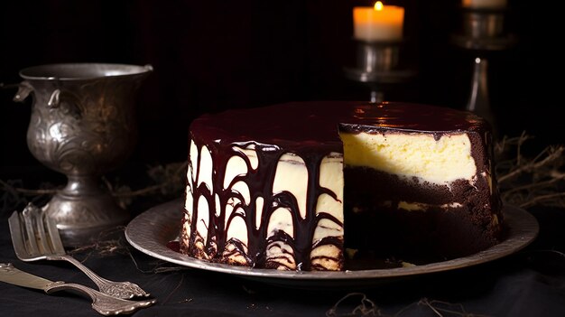 Foto bolo de chocolate com cobertura branca e gotas de chocolate.