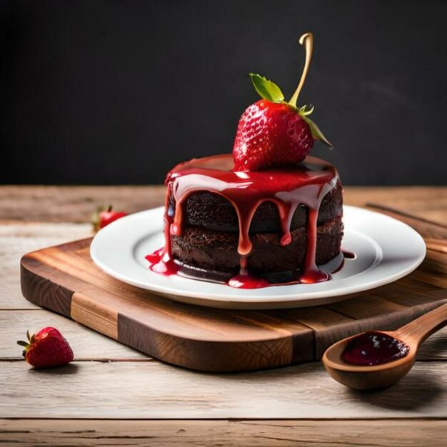 Foto bolo de chocolate com cobertura de morango