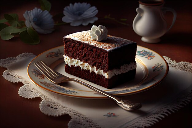 Bolo de chocolate com creme no guardanapo e migalhas de pão de ló