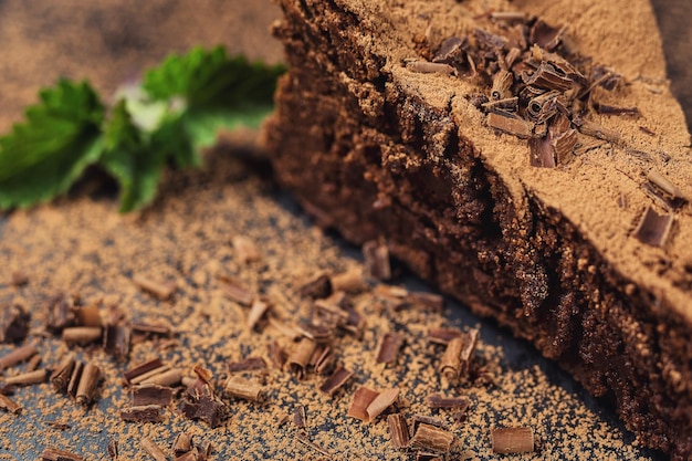 Bolo de chocolate com docesBolo de chocolate com um pedaço de corte e lâmina no fundo cinza closeupBolo de chocolate escuroBolo de chocolate vegan deliciosoBolo de chocolate saboroso em fundo de madeira