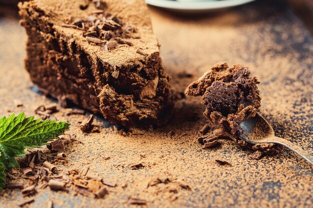 Bolo de chocolate com docesBolo de chocolate com um pedaço de corte e lâmina no fundo cinza closeupBolo de chocolate escuroBolo de chocolate vegan deliciosoBolo de chocolate saboroso em fundo de madeira