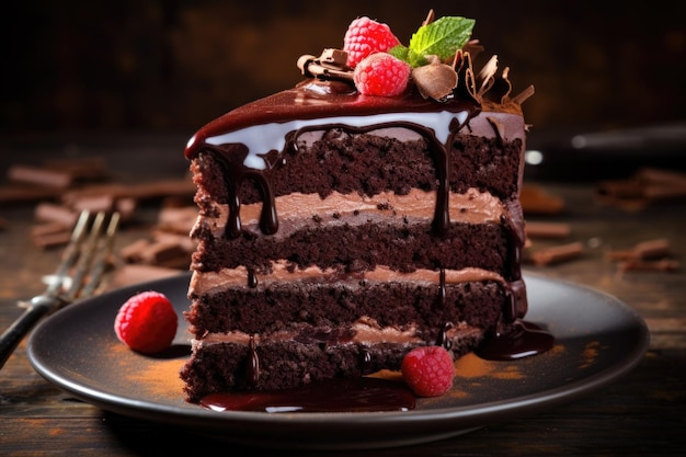 Bolo de chocolate com framboesa em fundo escuro Doces e confeitaria