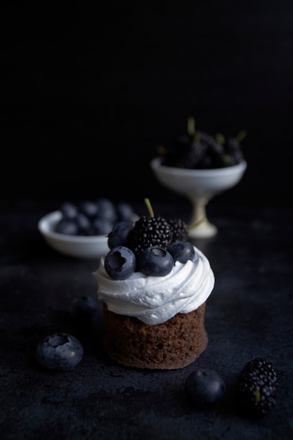 Bolo de chocolate com frutas, amora e amora. Sobre um fundo preto. Uma foto escura.