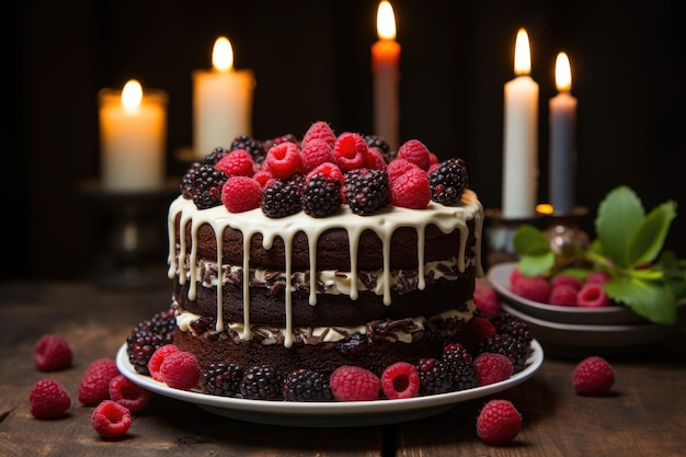 Bolo de chocolate com ganache de framboesa e velas coloridas generativo IA