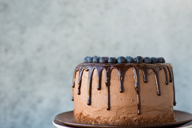 Bolo de chocolate com mirtilos e cobertura de chocolate sobre um fundo claro