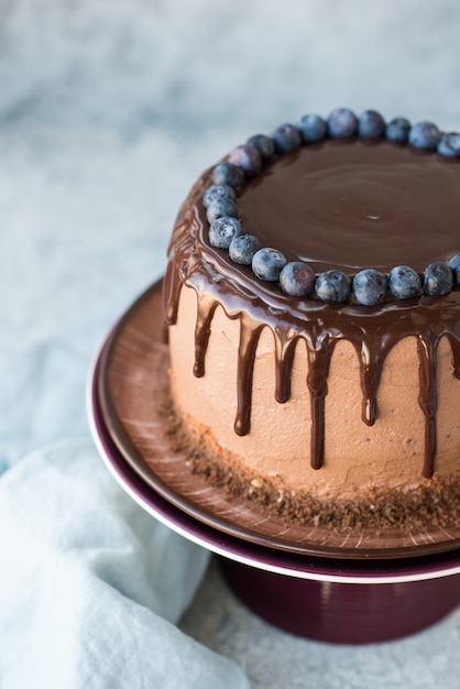 Bolo de chocolate com mirtilos e cobertura de chocolate sobre um fundo claro