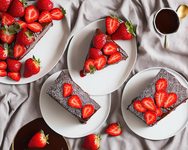 bolo de chocolate com morangos e hortelã em um prato