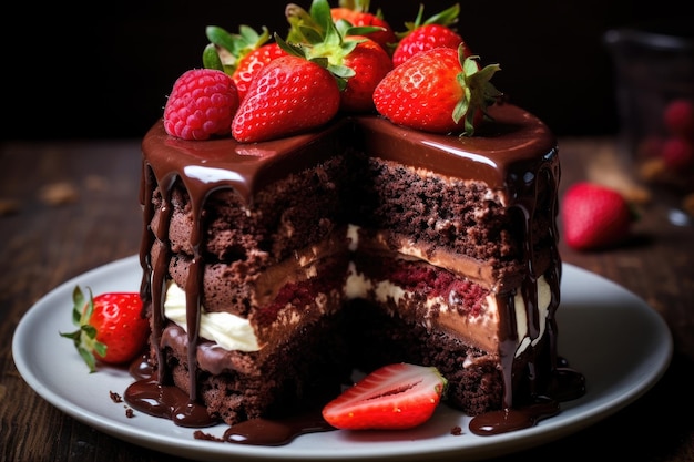 Bolo de chocolate com morangos em fundo escuro Doces e confeitaria