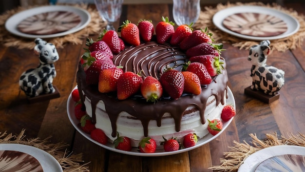 bolo de chocolate com morangos na mesa