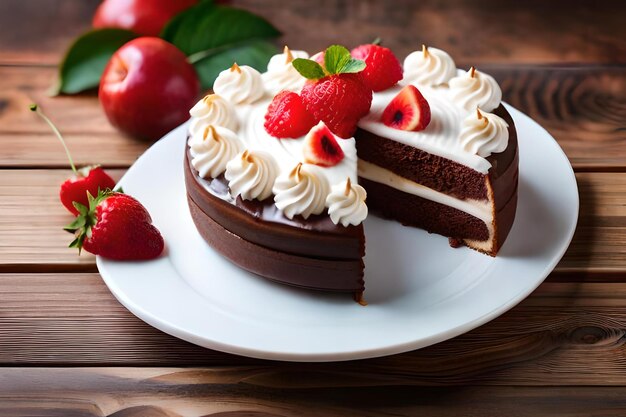 bolo de chocolate com nata batida e frutas