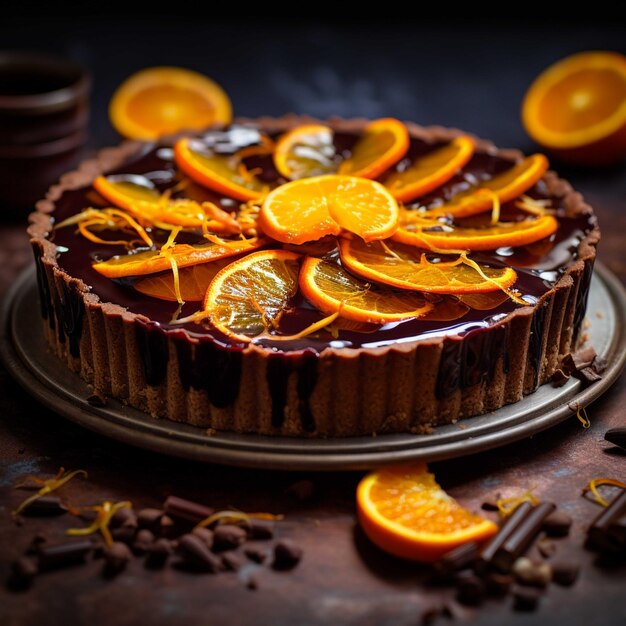 Bolo de chocolate com tangerinas em fundo escuro