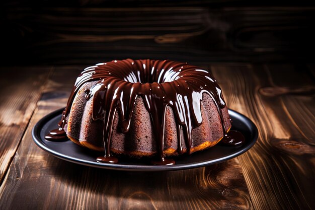 Bolo de chocolate de sobremesa saborosa com ganache em fundo de madeira