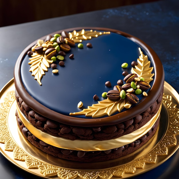 bolo de chocolate decorado com grãos de café sobre fundo azul escuro