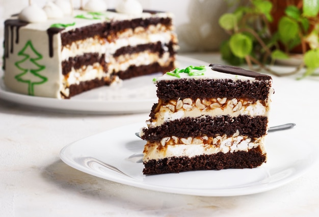 Bolo de chocolate do ano novo, uma fatia em um prato na luz