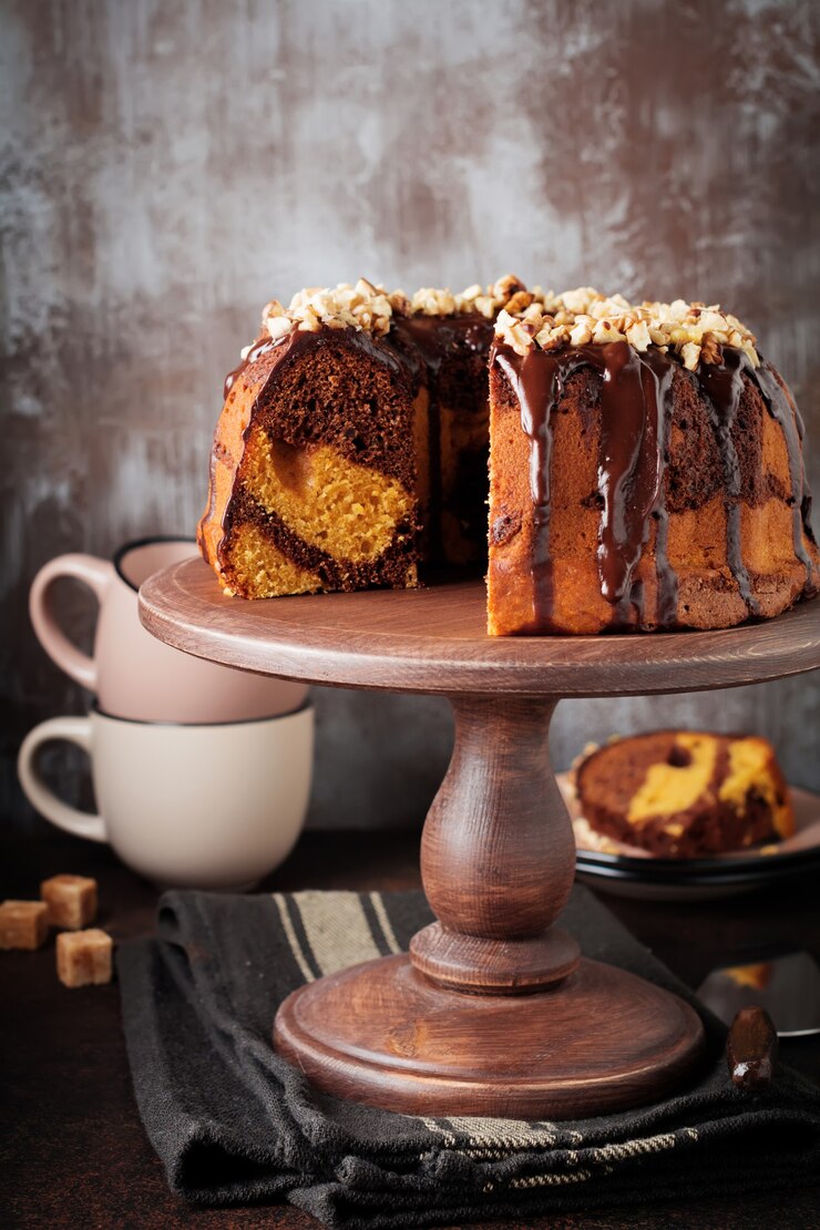 Bolo de chocolate e abóbora com cobertura de chocolate e nozes na superfície de concreto escuro