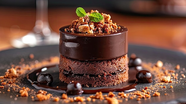 bolo de chocolate em close no fundo da celebração um prato com uma fatia de delicioso
