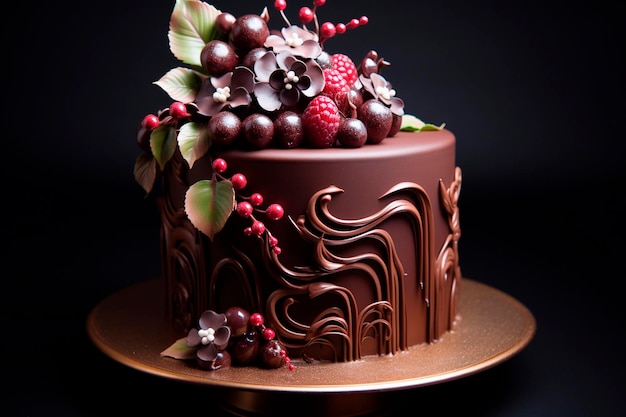 Foto bolo de chocolate em fundo preto gerado por ia