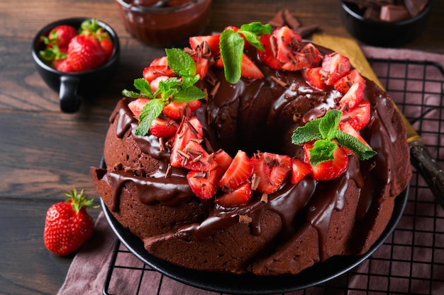 Foto bolo de chocolate escuro com cobertura de ganache e morango em pedra escura ou fundo de mesa de concreto bolo festivo foco seletivo