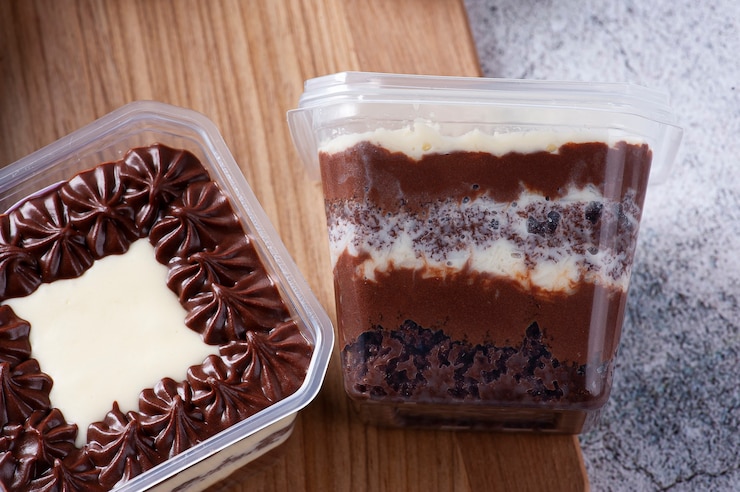 Foto bolo de chocolate na panela para entrega. copie o espaço.