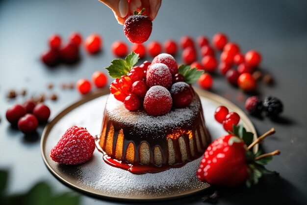 Bolo de chocolate pequeno com frutas da floresta Ai gerado