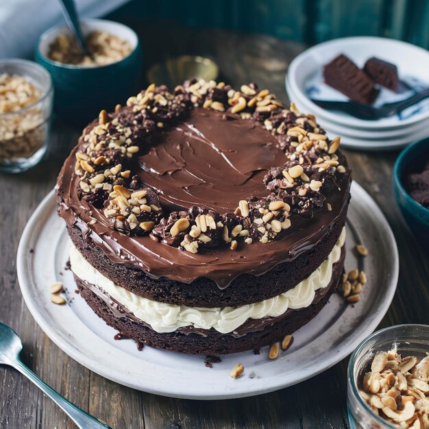 Foto bolo de chocolate sem glúten com camada de nozes