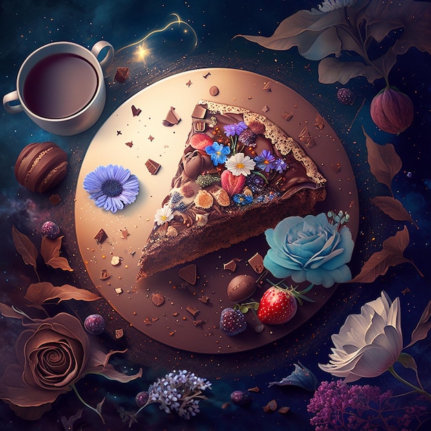 Bolo de chocolate, xícara de café, flor, imagem de fundo da galáxia, arte gerada por Ai