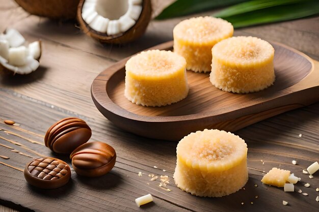 Bolo de coco com coco em uma mesa de madeira