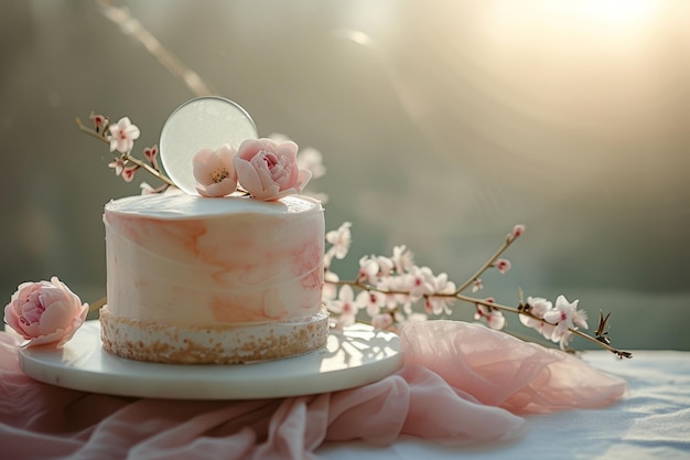 bolo de designer decorado com flores em fundo ensolarado IA geradora