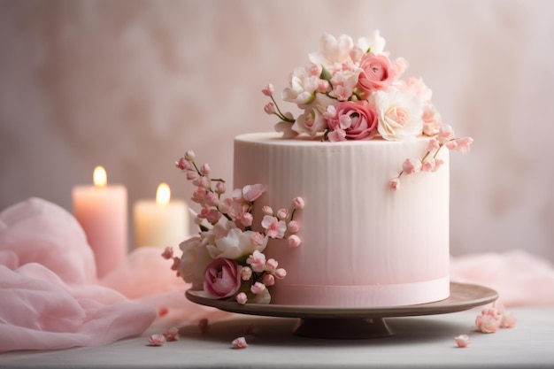 bolo de Dia dos Namorados decorado com flores conceito de amor romântico IA gerativa