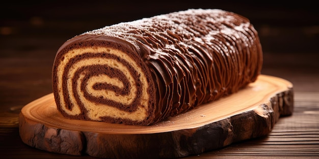 Bolo de esponja redondo de chocolate suíço em fatias biscoito de baunilha enrolado com preenchimento de creme de cacau bolo de madeira de sobremesa suíço ilustração de ia generativa