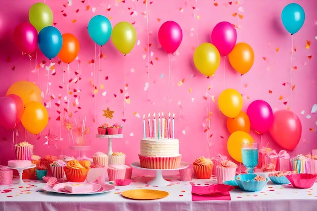 Bolo de feliz aniversário, balões, velas e confetes