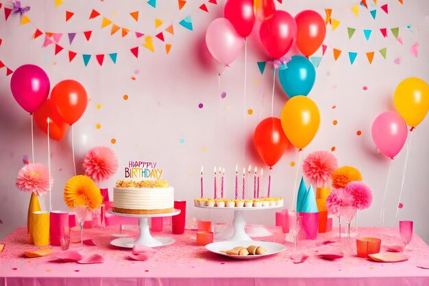 Bolo de feliz aniversário, balões, velas e confetes