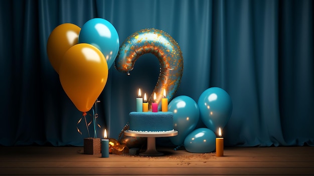 Bolo de feliz aniversário com velas e balões renderização 3d cartão de felicitações
