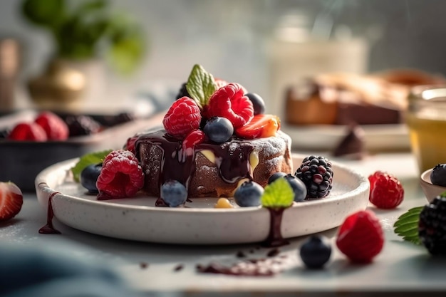 Bolo de frutas com chocolate criado com IA generativa