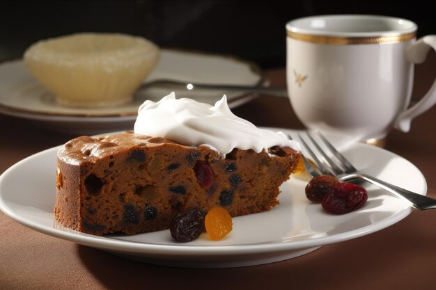 Bolo de frutas no prato com um montão de chantilly criado com ai generativa