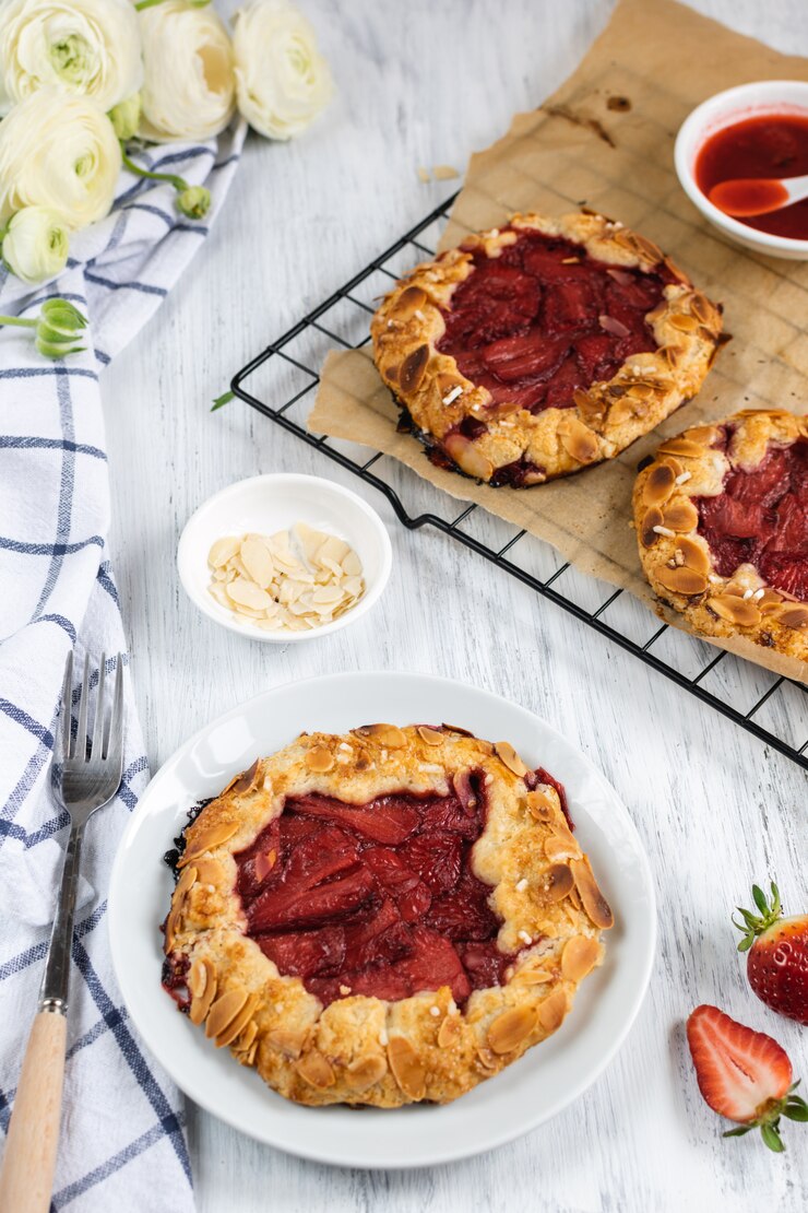 Bolo de galette amêndoa morango fresco - padaria caseira, pastelaria, sobremesa de verão