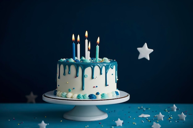 Bolo de gotejamento de aniversário branco com topos de estrelas de ganache verde-azulado e velas divertidas sobre fundo azul escuro geram ai