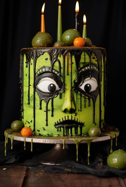 bolo de halloween verde e preto com olhos e desenhado no estilo de gotas e salpicaduras