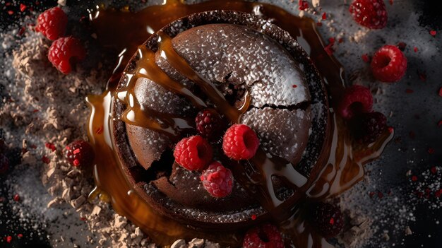 Bolo de lava de chocolate com morangos vista de cima gerado por ai