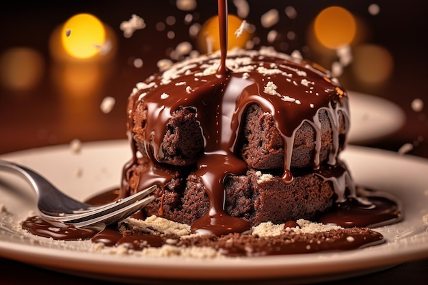 Foto bolo de lava de chocolate sujando com chocolate derretido do centro