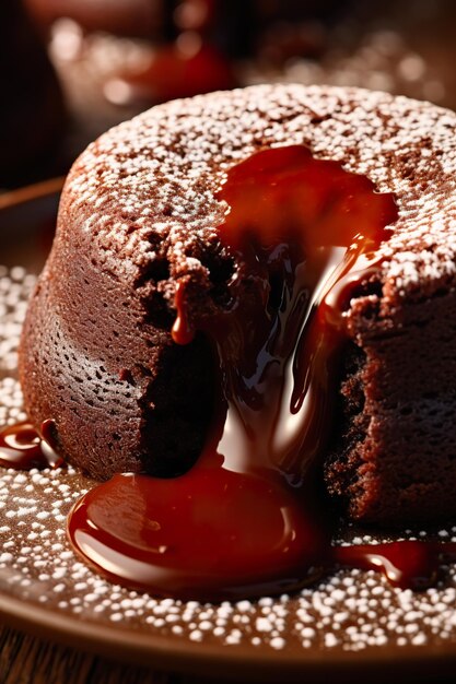 Foto bolo de lava derretido sujando chocolate escuro