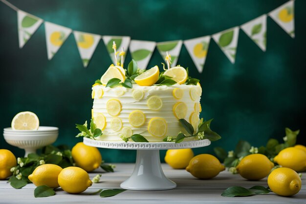 Foto bolo de limão exibido em um pedestal de bolo com ervas frescas para um pop de verde