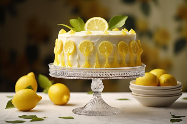 Foto bolo de limão exibido em um pedestal de bolo com ervas frescas para um pop de verde